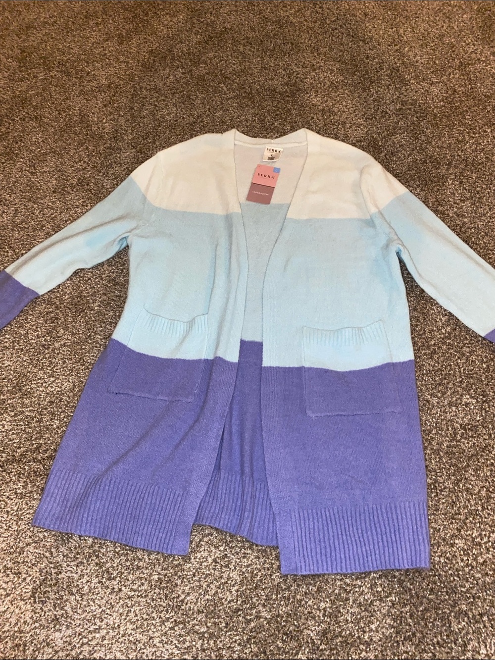 Women’s Large White, Light Blue & Purple Colorblock Open Cardigan